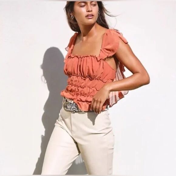 Intimately Free People Ruffle Cinched Flutter Sleeve Bodysuit Orange Large NWT - Picture 1 of 1
